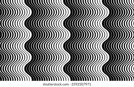 Black and White Wavy Optical Illusion Pattern. High-Contrast Abstract Design for Visual Depth and Modern Aesthetics