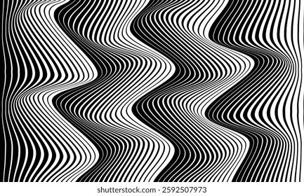 Black and White Wavy Optical Illusion Pattern. High-Contrast Abstract Design for Visual Depth and Modern Aesthetics