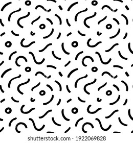 Formas redondeadas orgánicas onduladas, negras y blancas, sin fisuras. Líneas de vector circulares u patrones de huellas dactilares irregulares orgánicos. Diseño vectorial caótico en blanco y negro sin igual al estilo Memphis
