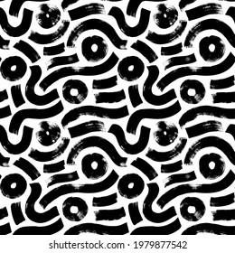 Black and white wavy organic rounded shapes seamless pattern. Organic irregular circular vector lines or fingerprint pattern. Seamless black and white chaotic vector design in Memphis style