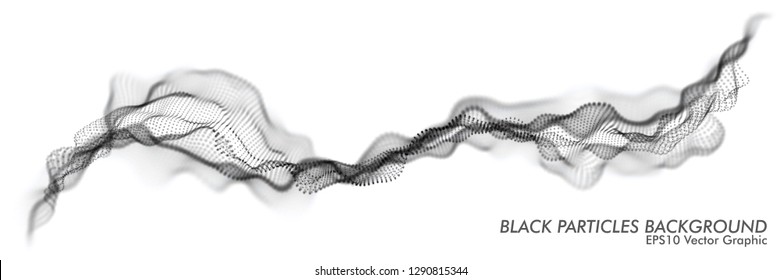 Black and White Wavy Particles Surface on White Background. Technology or Science Banner. Dots Waves with DOF Effect. EPS10 Vector Illustration.
