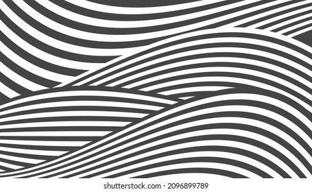 Black and white wavy pattern with curved lines. Striped surface. Vector illustration. Abstract waves banner.