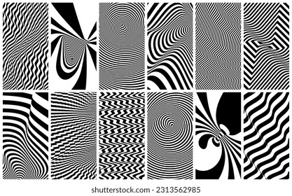 Black and white wavy pattern with optical illusion. Abstract striped background. 3d vector illustration for brochure, annual report, magazine, poster, presentation, flyer or banner. 