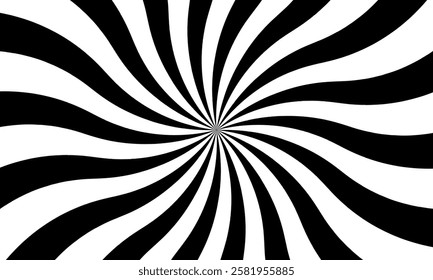 Black and white wavy sun rays, sunburst background, radial spiral stripes, starburst pattern, candy lines, circus carnival backdrop, sun blast transparent vector effect, vector illustration.