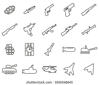 Juego de iconos de la línea delgada de armas blancas y negras 
