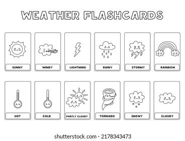 Black and white weather flashcards for kids. Vector illustrations of cute weather pictures with names.
