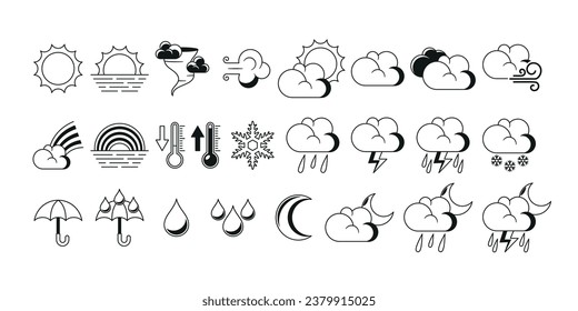 Black And White Weather Forecast Elements Set. Temperature, Wind Speed, Humidity, And Clouds, Sun And Rainbow Icons