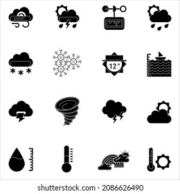 Black and white Weather report flat vector icon collection set