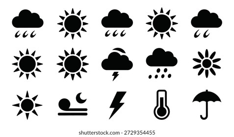 Black and white weather set with sun cloud rain lightning and umbrella