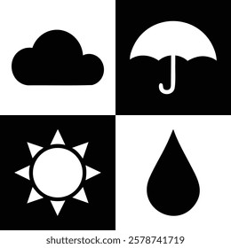 Black and White Weather Symbols for Baby Development - Vector Illustration