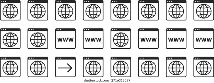 Navegador web preto e branco com globo e símbolos www