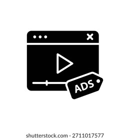 Ícone do reprodutor de vídeo do navegador web preto e branco com design de tag de anúncios