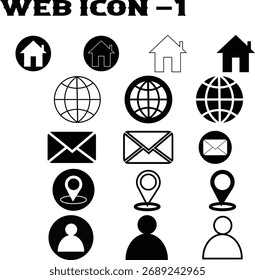 Black and white web icon collection featuring simple and modern vector symbols, including home, internet globe, email envelope, location pin, and user profile icons. Perfect for websites, mobile apps,