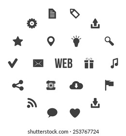 black and white web icons in circles. concept of website icons, site elements, marketing, shopping, search, seo. isolated on white background. flat style trendy modern logo design vector illustration
