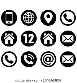 Black and White Website Contact Icons Set Mobile Phone Globe Location Telephone Home Address Number Email Symbols Graphic Design Elements