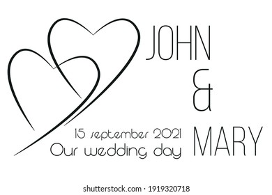 Tarjeta de matrimonio en blanco y negro. Postal con información sobre la fecha de la boda. Dos ilustraciones de corazones. Esbozo cardíaco.