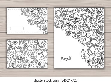 Black and white wedding card set with abstract background with contour drawing of flowers and birds. Vector illustration.  Place for text. Easy to edit.