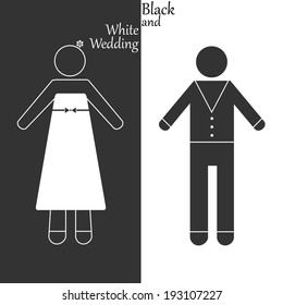 Black and white wedding card with simple images of bride abd groom