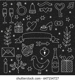 Black and white wedding doodle love romance st. valentines dat save the date vector set