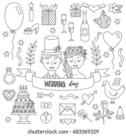 Black and white wedding doodles collection bride and groom many icons vector set