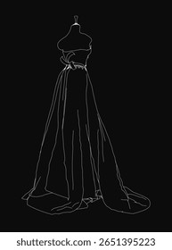 Um vestido de casamento preto e branco desenhando em um manequim apresenta linhas intrincadas e curvas elegantes para um olhar realista. O desenho detalhado destaca-se contra um fundo escuro.