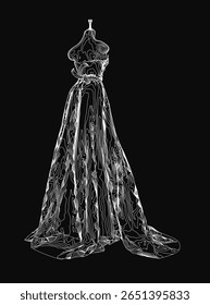 Um vestido de casamento preto e branco desenhando em um manequim apresenta linhas intrincadas e curvas elegantes. O desenho detalhado destaca-se contra um fundo escuro.