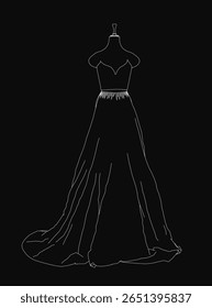 Um vestido de casamento preto e branco desenhando em um manequim apresenta detalhes de linha intrincados e curvas elegantes. A silhueta destaca-se contra um fundo escuro, destacando o design delicado do vestido.