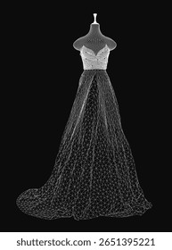 Um vestido de casamento preto e branco desenhado com linhas intrincadas e curvas elegantes está sobre um manequim contra um fundo escuro. O design detalhado destaca a sofisticação e a noiva atemporal.
