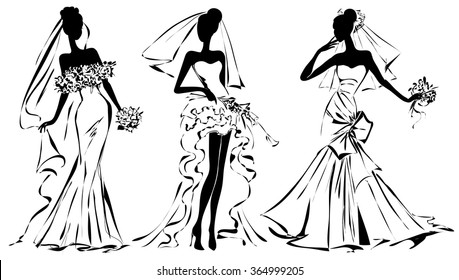 Black and white wedding fashion woman silhouette hand drawn vector illustration