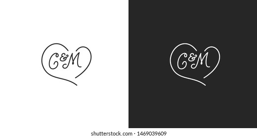 Black and white wedding hand-drawn C M monogram in a heart shape. CM initials feminine lettering logo on a black background. Elegant simple vector calligraphy logo 