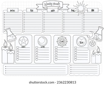 Black and white weekly notes for coloring page with witch accessories and tarot cards 