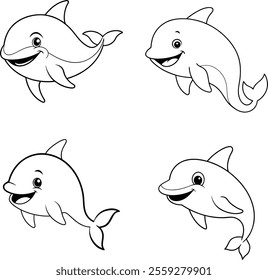 Black and White Whale Bird Line Art Illustration Set