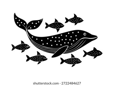 Schwarz-weißer Wal mit gepunktetem Muster, der mit kleinen Fischen schwimmt