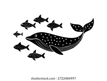 Ballena blanca y negra con patrón punteado y peces Pequeños