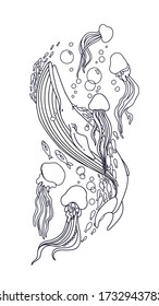 black and white whale with jellyfish. vector illustration
