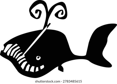 Black and white whale silhouette features a stylized water spout and visible baleen. Traditional linocut style provides a rustic and organic feel. Perfect for nautical branding, children's book illustrations, and ocean conservation posters. Ideal for eco-friendly packaging and coastal-themed graphic design projects.