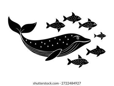 Ballena blanca y negra con Pequeña vida marina de peces
