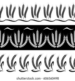 Black and white wheat branches seamless borders. Vector agriculture pattern set