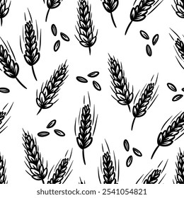 Black and white wheat seamless pattern with scattered seeds on a plain background showcasing agricultural design