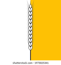 Black and white wheat stalk divides the yellow background in half. Linear and outline vector clipart and drawing. Design template for websites, bakery packaging, labels, prints and other ideas. 