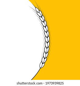 Black and white wheat stalk divides the yellow background in half. Linear and outline vector clipart and drawing. Design template for websites, bakery packaging, labels, prints and other ideas. 