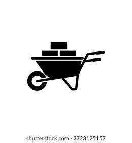Black and white wheelbarrow loaded with bricks icon representing construction labor