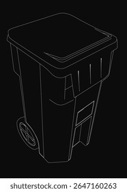 Uma lixeira de rodas preta e branca se destaca contra um fundo escuro, delineado em linhas brancas limpas para forte contraste. A ilustração simples, mas arrojada, destaca a gestão de resíduos urbanos