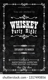 Black and white Whiskey party invitation design template with a geometric ornament on a chalkboard for an invitation, advertising, banner, vector design. To see similar, please VISIT MY PORTFOLIO.

