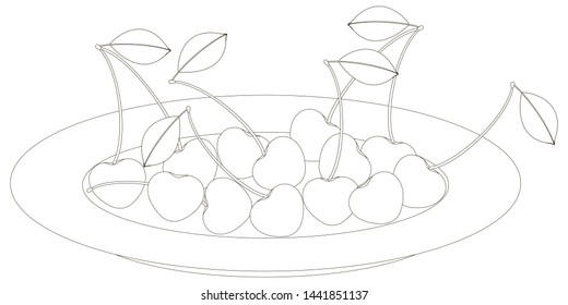 Black and white whole cherry berries lie on a plate. Coloring. Vector.