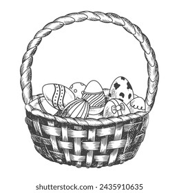 Black and white wicker basket of eggs isolated on white background. Painted Easter eggs lie in a basket with a handle. Sketch style vector illustration