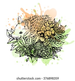 Black and white wild animal hedgehog abstract art tattoo doodle sketch. Watercolor splash. Design for shirt, bag, jacket, package, phone case and so on. Vector illustration.