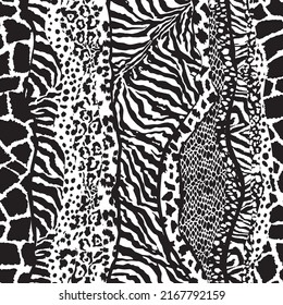 Black and white wild animal skins patchwork  abstract vector seamless pattern