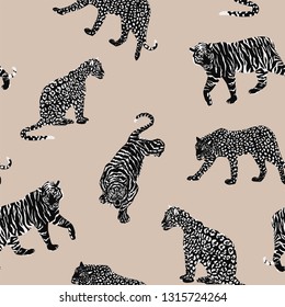 Black white wild animal tiger, panther, leopard, cheetah seamless pattern on the beige background. Trendy vector composition