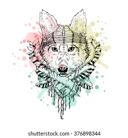 Black and white wild animal wolf head abstract art tattoo doodle sketch, boho style. Watercolor splash. Design for shirt, bag, jacket, package, phone case and so on. Vector illustration.